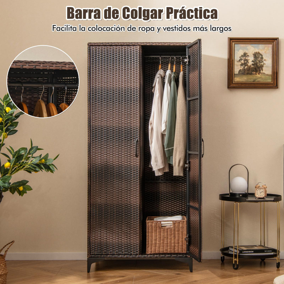Armario de Mimbre con 2 Puertas de PE con Barra para Colgar y 4 Cubos de Almacenamiento Organizador de Ropa para Hogar Patio Garaje Marrón