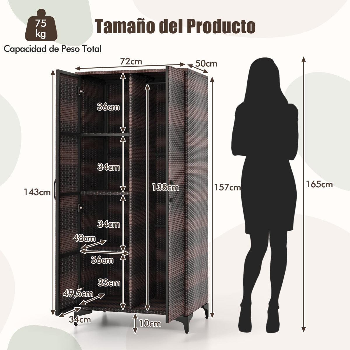 Armario de Mimbre con 2 Puertas de PE con Barra para Colgar y 4 Cubos de Almacenamiento Organizador de Ropa para Hogar Patio Garaje Marrón