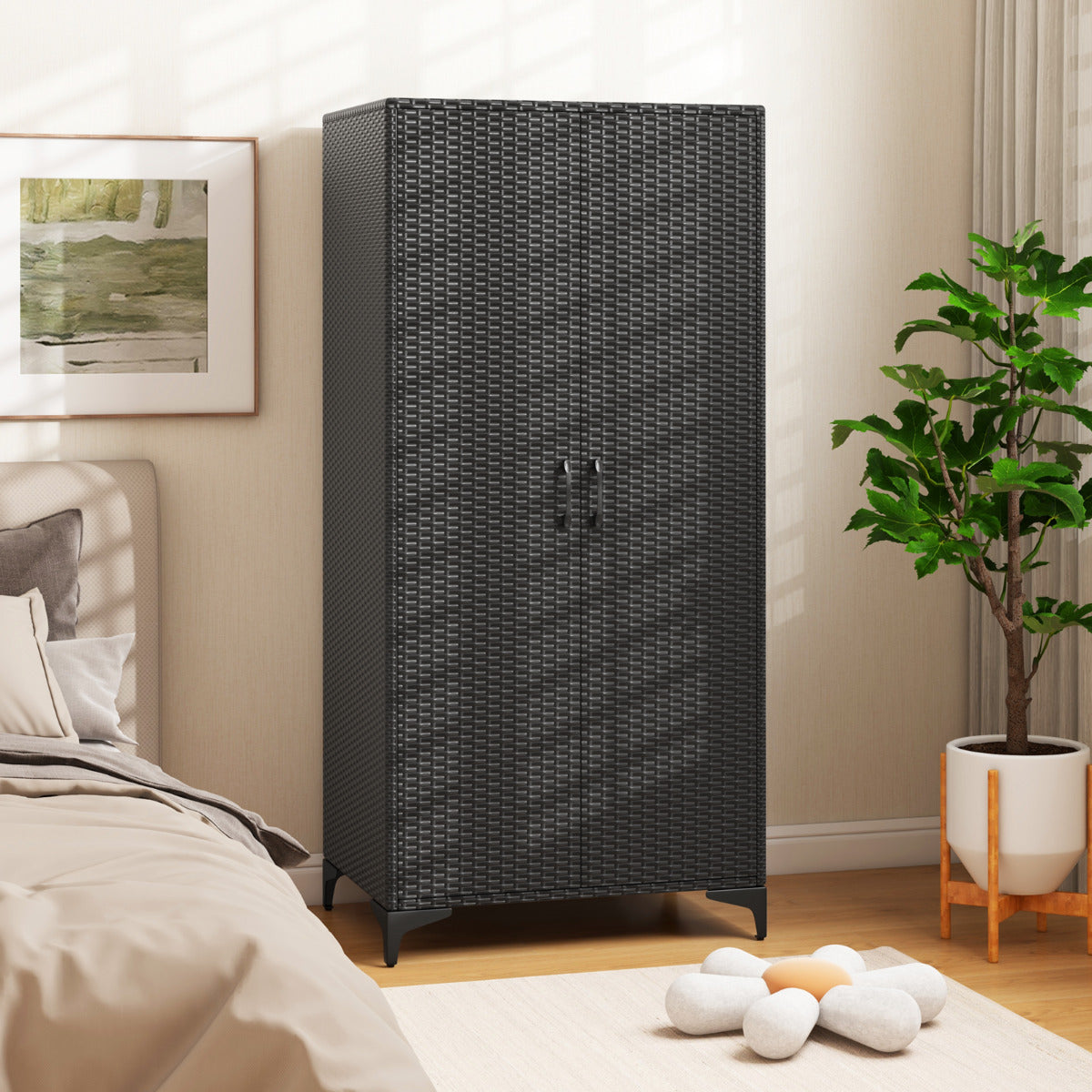 Armario de Mimbre con 2 Puertas de PE con Barra para Colgar y 4 Cubos de Almacenamiento Organizador de Ropa para Hogar Patio Garaje Negro
