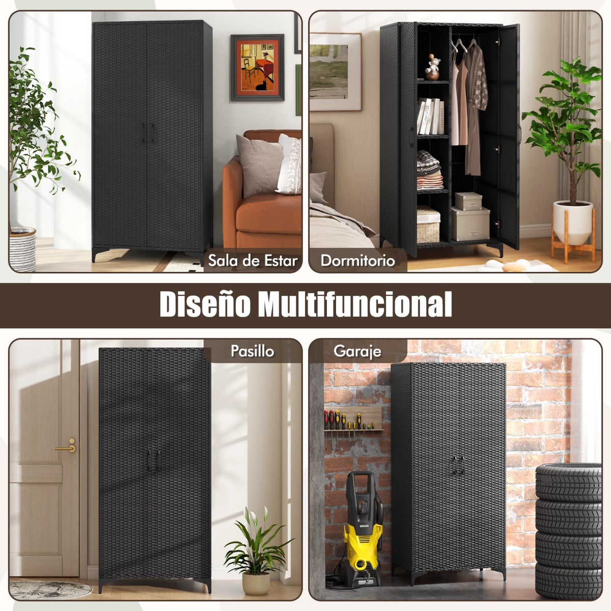 Armario de Mimbre con 2 Puertas de PE con Barra para Colgar y 4 Cubos de Almacenamiento Organizador de Ropa para Hogar Patio Garaje Negro