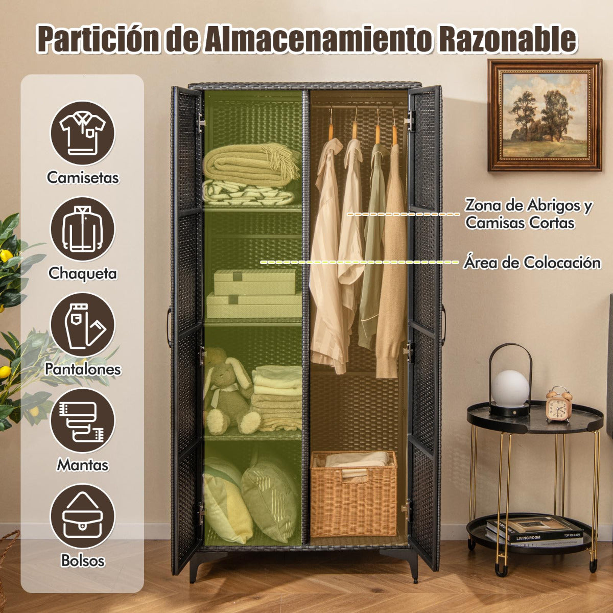 Armario de Mimbre con 2 Puertas de PE con Barra para Colgar y 4 Cubos de Almacenamiento Organizador de Ropa para Hogar Patio Garaje Negro