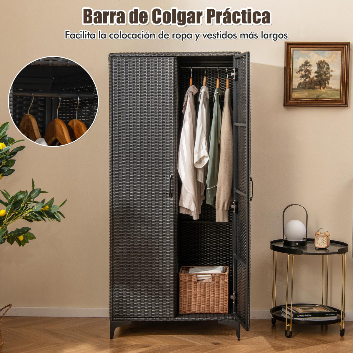 Armario de Mimbre con 2 Puertas de PE con Barra para Colgar y 4 Cubos de Almacenamiento Organizador de Ropa para Hogar Patio Garaje Negro