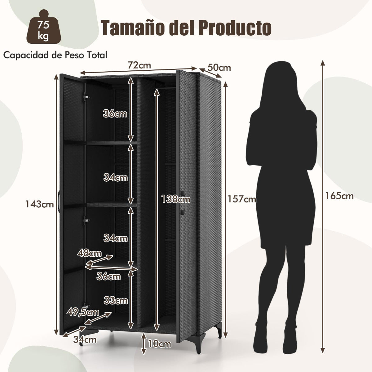 Armario de Mimbre con 2 Puertas de PE con Barra para Colgar y 4 Cubos de Almacenamiento Organizador de Ropa para Hogar Patio Garaje Negro