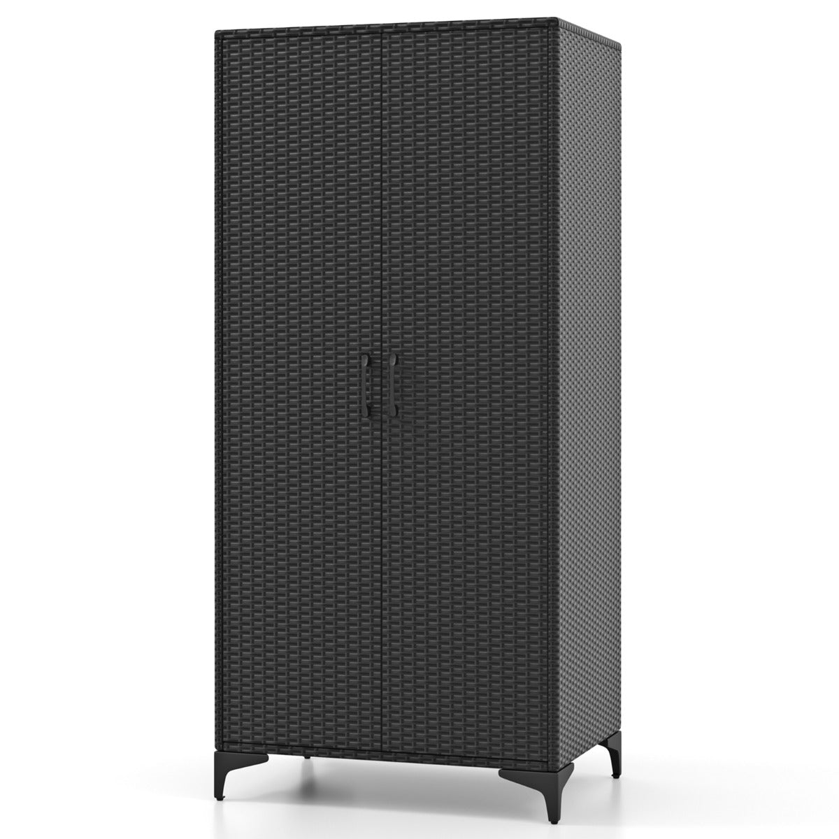 Armario de Mimbre con 2 Puertas de PE con Barra para Colgar y 4 Cubos de Almacenamiento Organizador de Ropa para Hogar Patio Garaje Negro