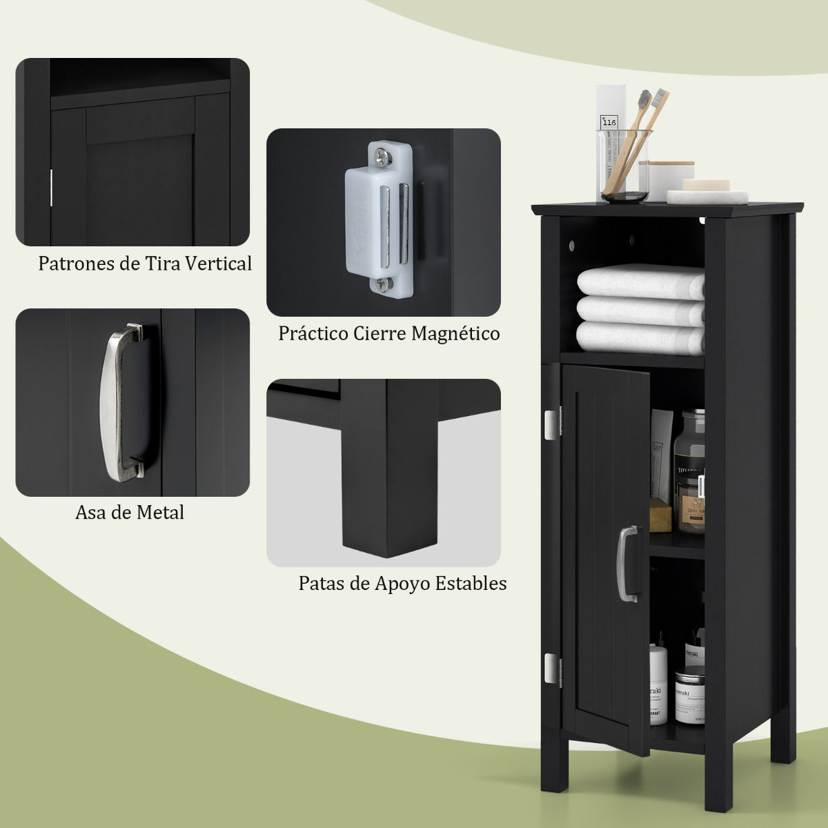 Armario de Suelo de Baño Gabinete con 3 Estantes y Puerta Estantería de Almacenamiento para Cocina Dormitorio Salón 30 x 30 x 80 cm Negro