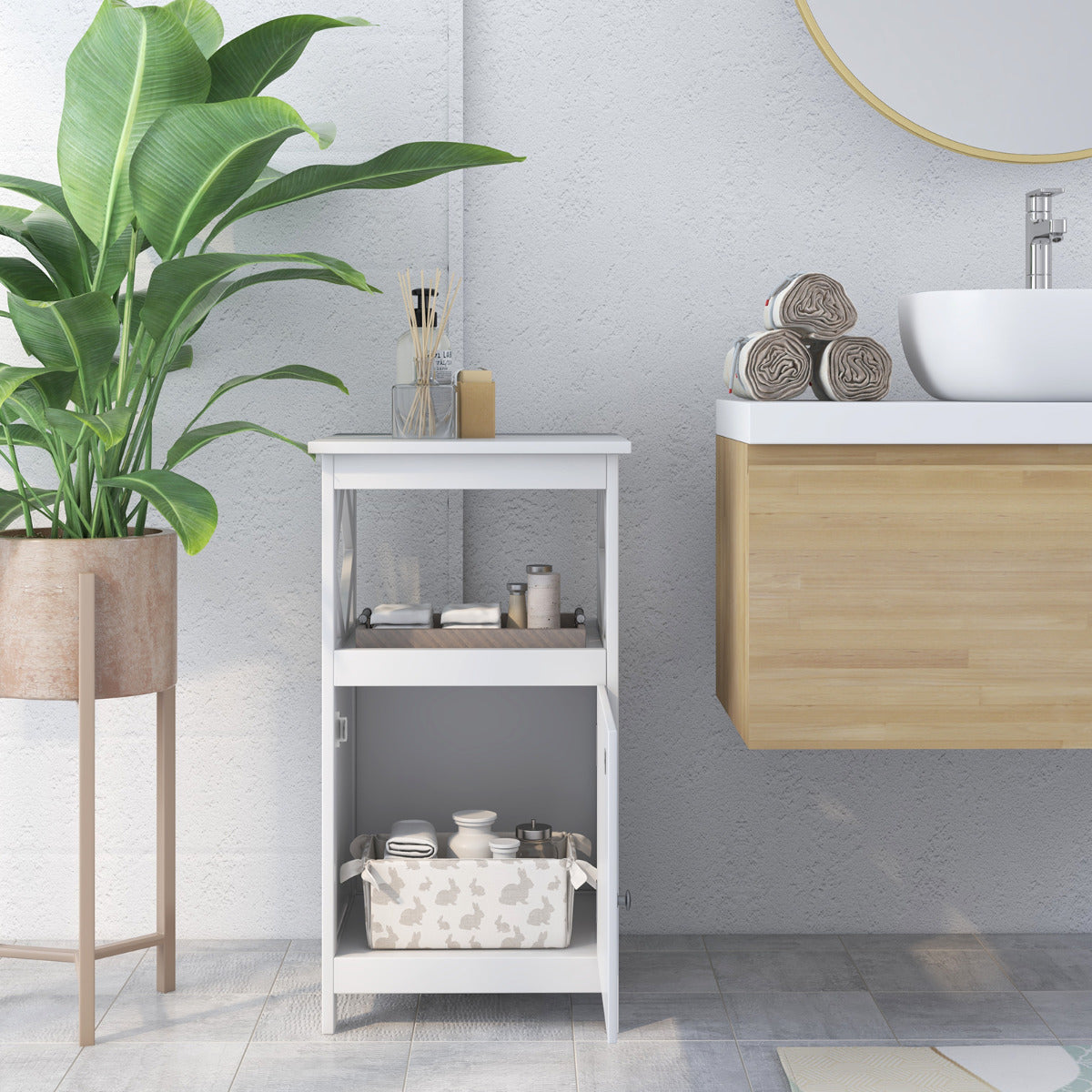 Armario de Suelo de Baño Gabinete de Almacenamiento con Puerta y Compartimento Abierto Estrecho para Salón Entrada 40 x 40 x 74 cm Blanco