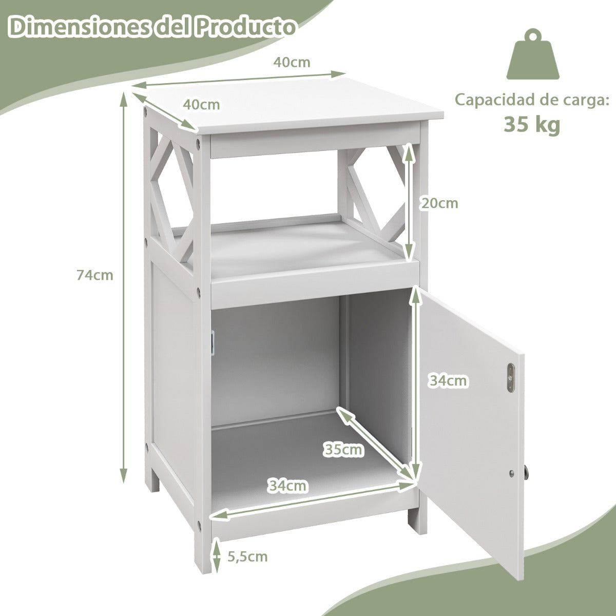 Armario de Suelo de Baño Gabinete de Almacenamiento con Puerta y Compartimento Abierto Estrecho para Salón Entrada 40 x 40 x 74 cm Blanco