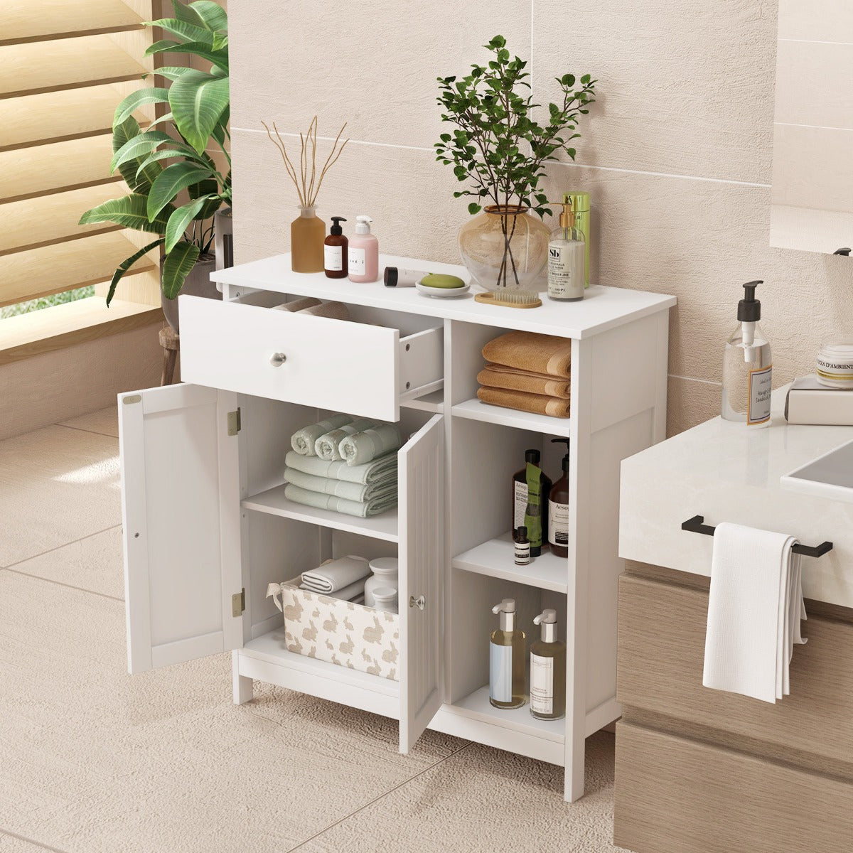 Armario de Suelo para Baño Mueble de Baño Independiente con 1 Cajón Grande 2 Puertas y Estante Ajustable para Salón 75 x 30 x 80 cm Blanco