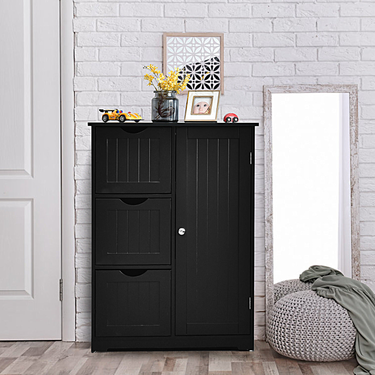 Armario de Suelo para Baño con 3 Cajones y 1 Armario Estante Ajustable Mueble de Almacenamiento para Salón Dormitorio 60 x 30 x 81cm Negro