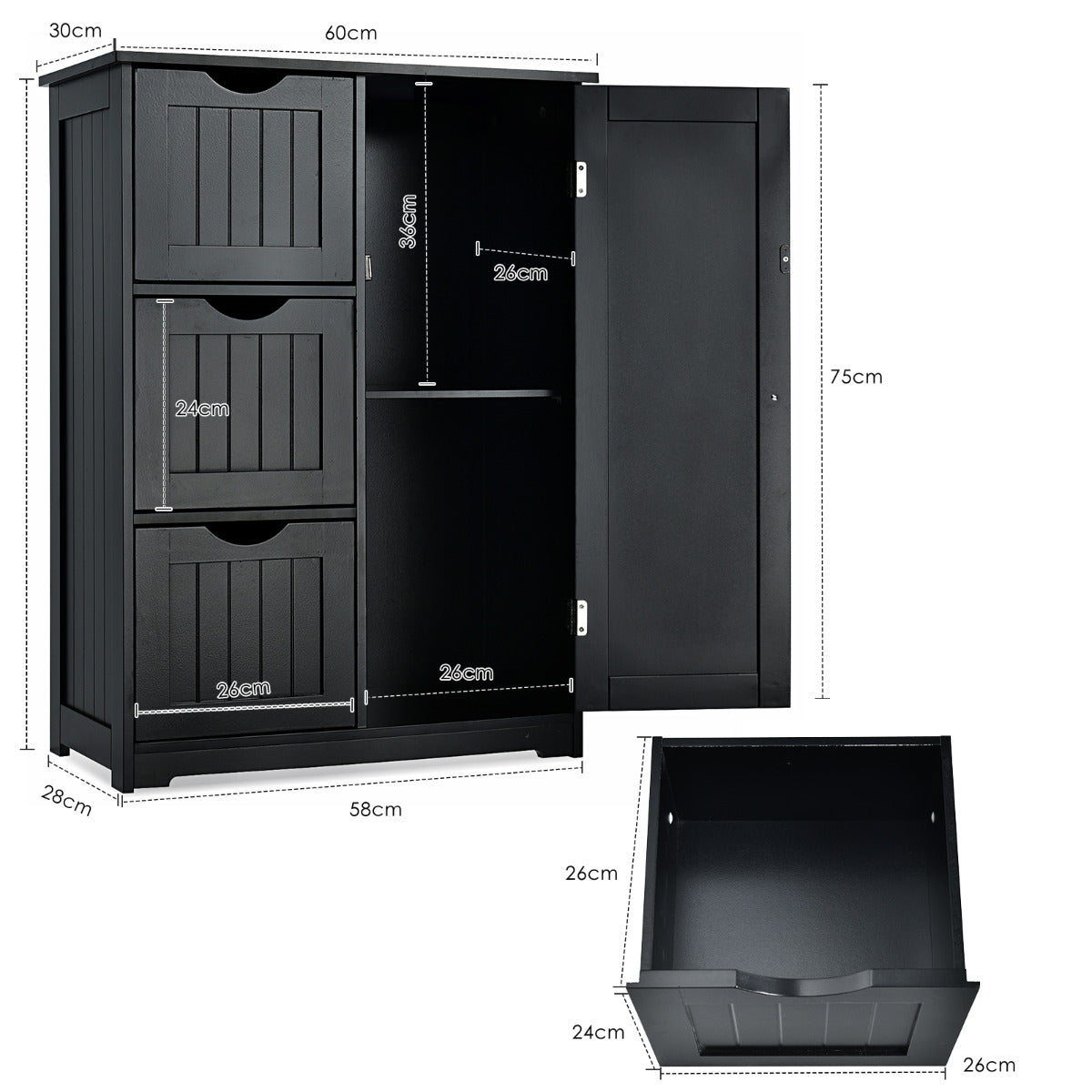 Armario de Suelo para Baño con 3 Cajones y 1 Armario Estante Ajustable Mueble de Almacenamiento para Salón Dormitorio 60 x 30 x 81cm Negro