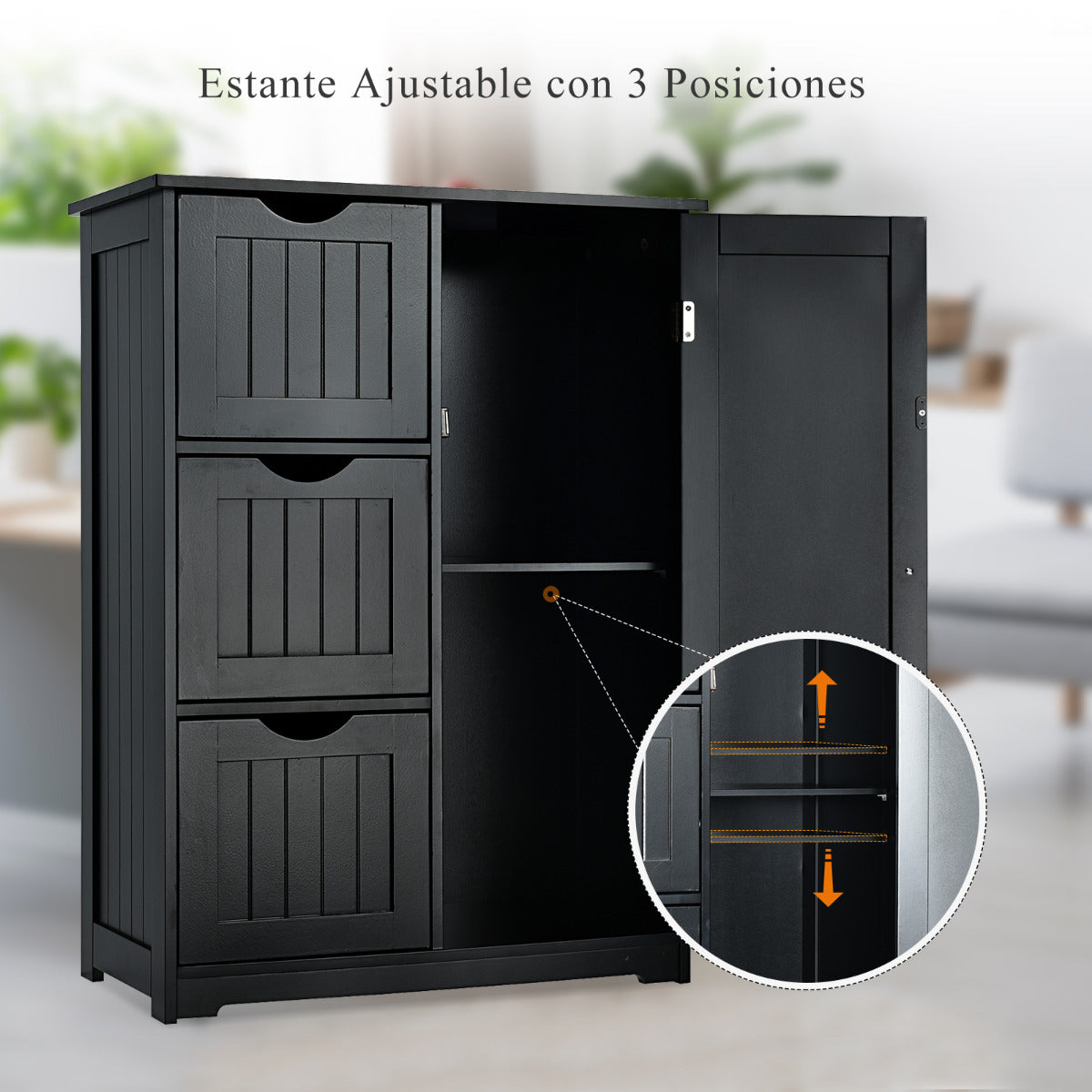 Armario de Suelo para Baño con 3 Cajones y 1 Armario Estante Ajustable Mueble de Almacenamiento para Salón Dormitorio 60 x 30 x 81cm Negro