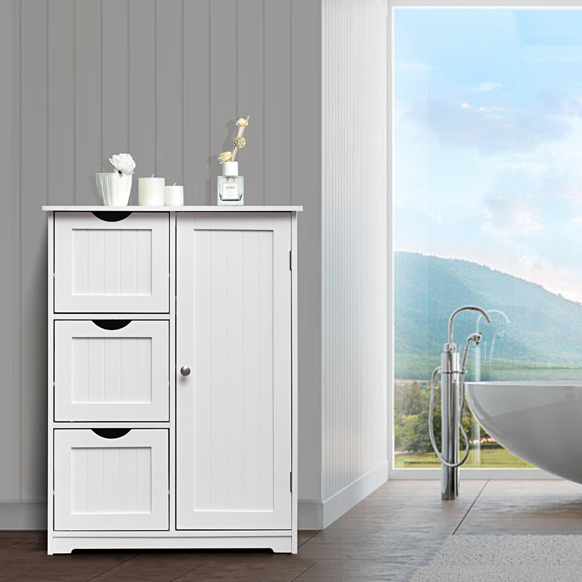 Armario de Suelo para Baño con 3 Cajones y 1 Armario Estante Ajustable Mueble de Almacenamiento para Salón Dormitorio 60 x 30 x 81cm Blanco