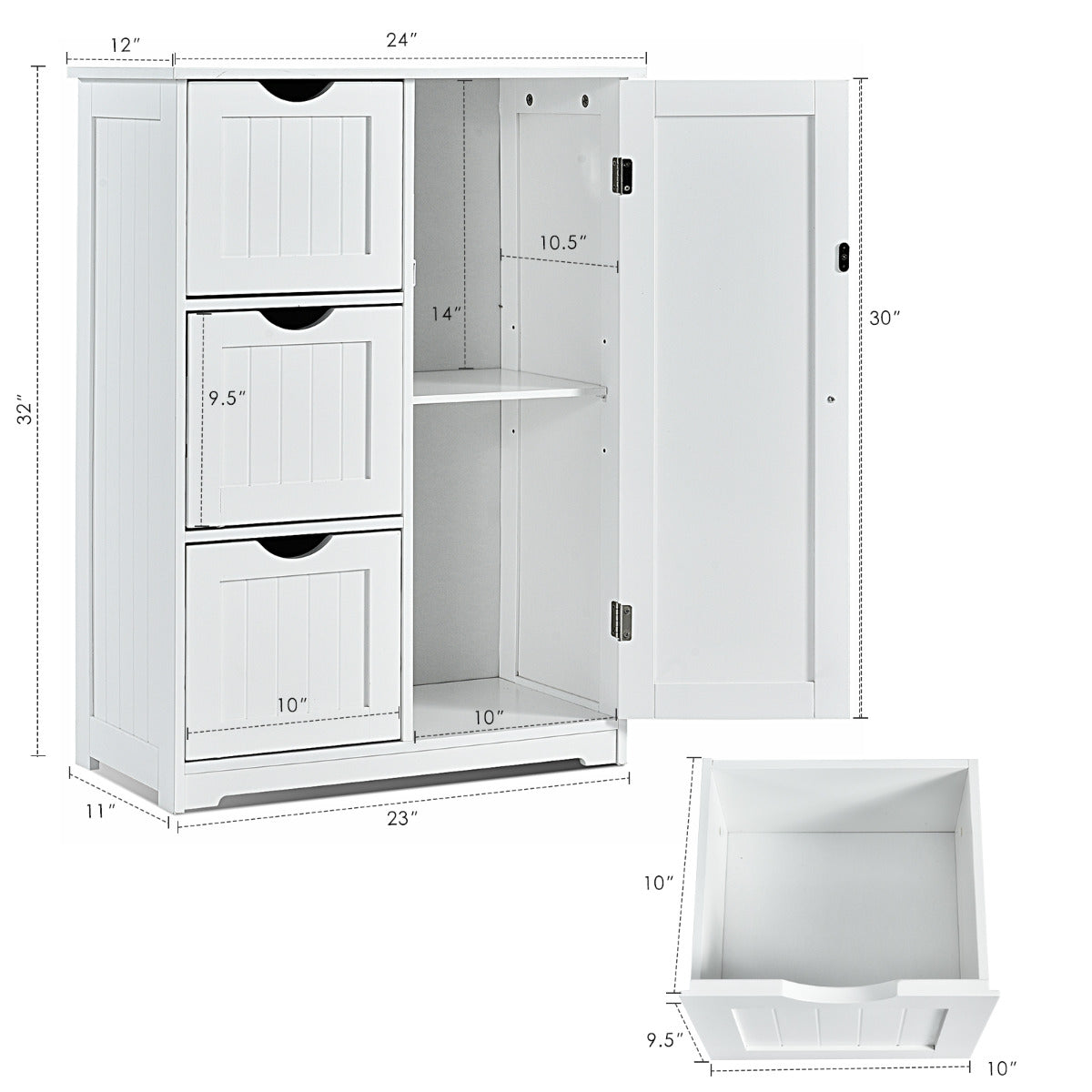 Armario de Suelo para Baño con 3 Cajones y 1 Armario Estante Ajustable Mueble de Almacenamiento para Salón Dormitorio 60 x 30 x 81cm Blanco