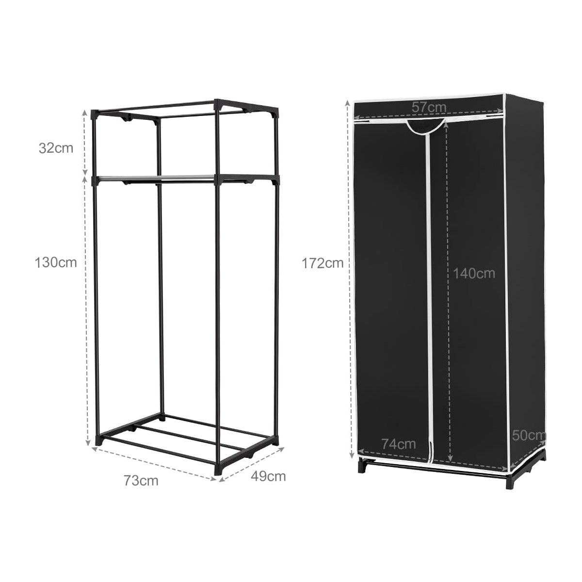 Armario de Tela Plegable con Cremallera Organizador de Ropa de Textil Portátil con Barra para Colgar 74 x 50 x 172 cm Negro