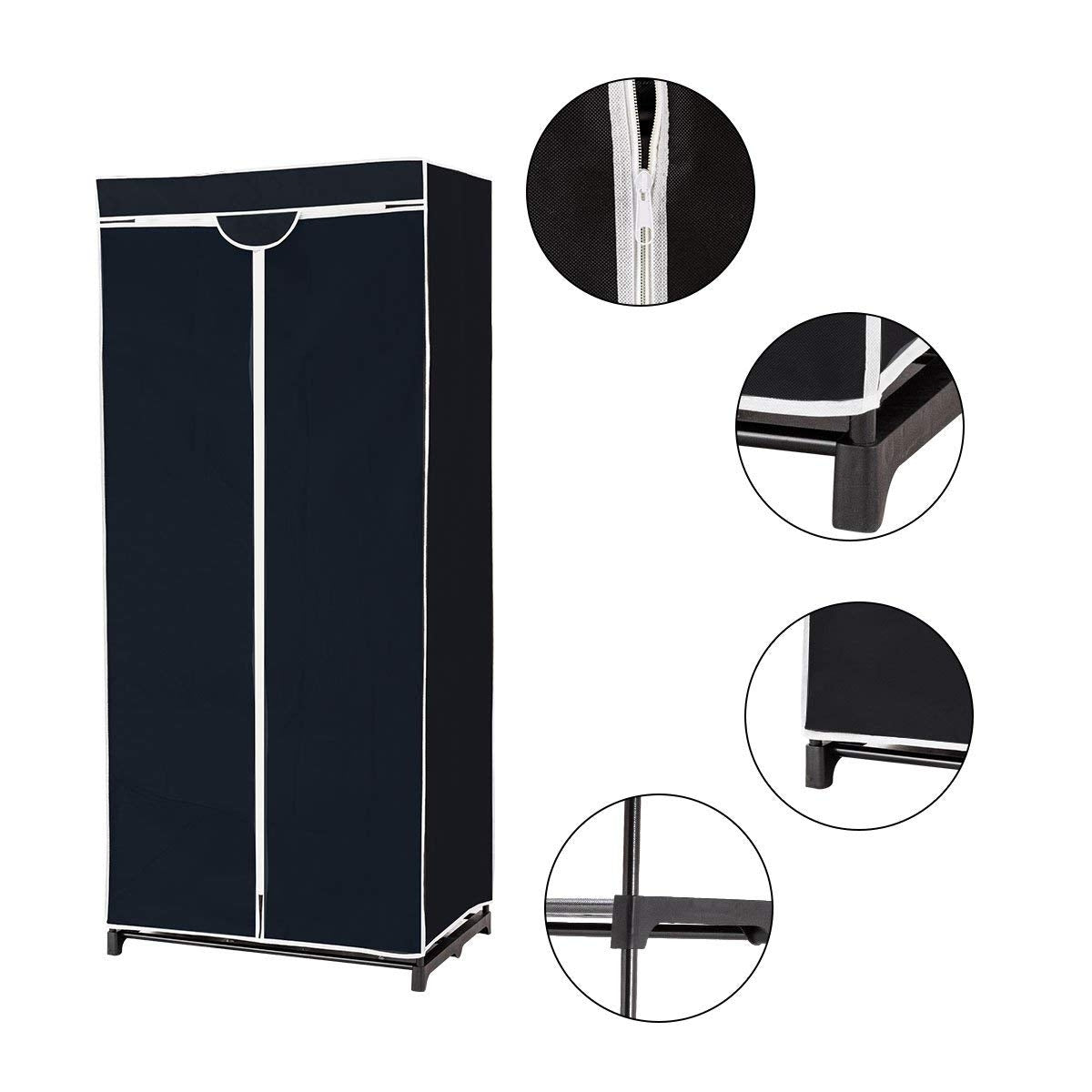 Armario de Tela Plegable con Cremallera Organizador de Ropa de Textil Portátil con Barra para Colgar 74 x 50 x 172 cm Negro