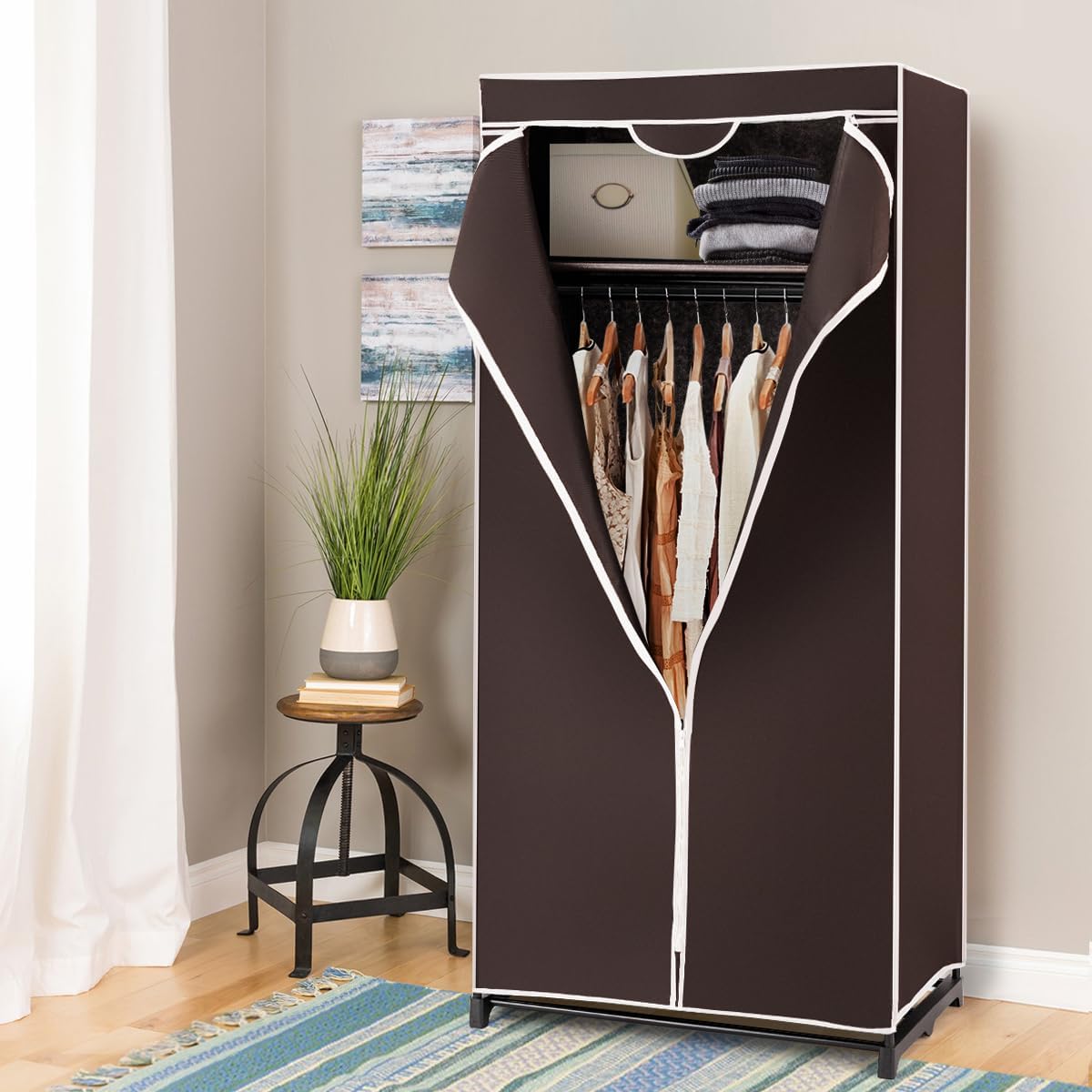 Armario de Tela Plegable con Cremallera Organizador de Ropa de Textil Portátil con Barra para Colgar 74 x 50 x 172 cm Café