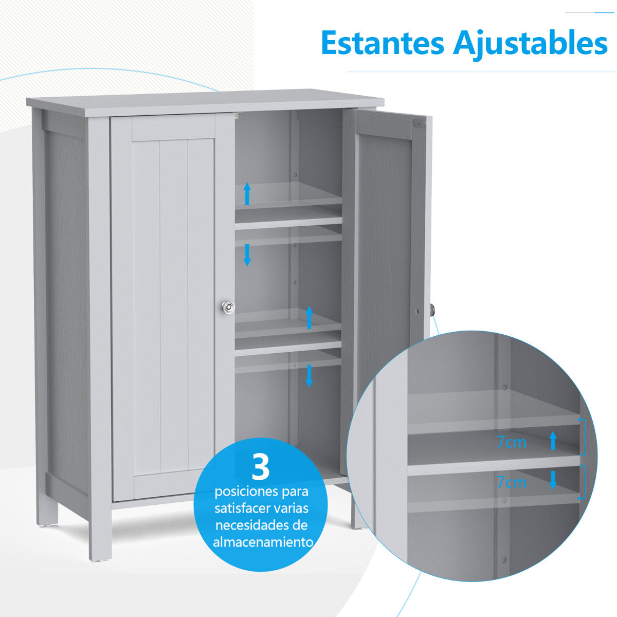 Armario del Baño Organizador Vertical con Doble Puerta y Repisa Regulable Mueble Moderno para Casa 60 x 30 x 80,5 cm Gris