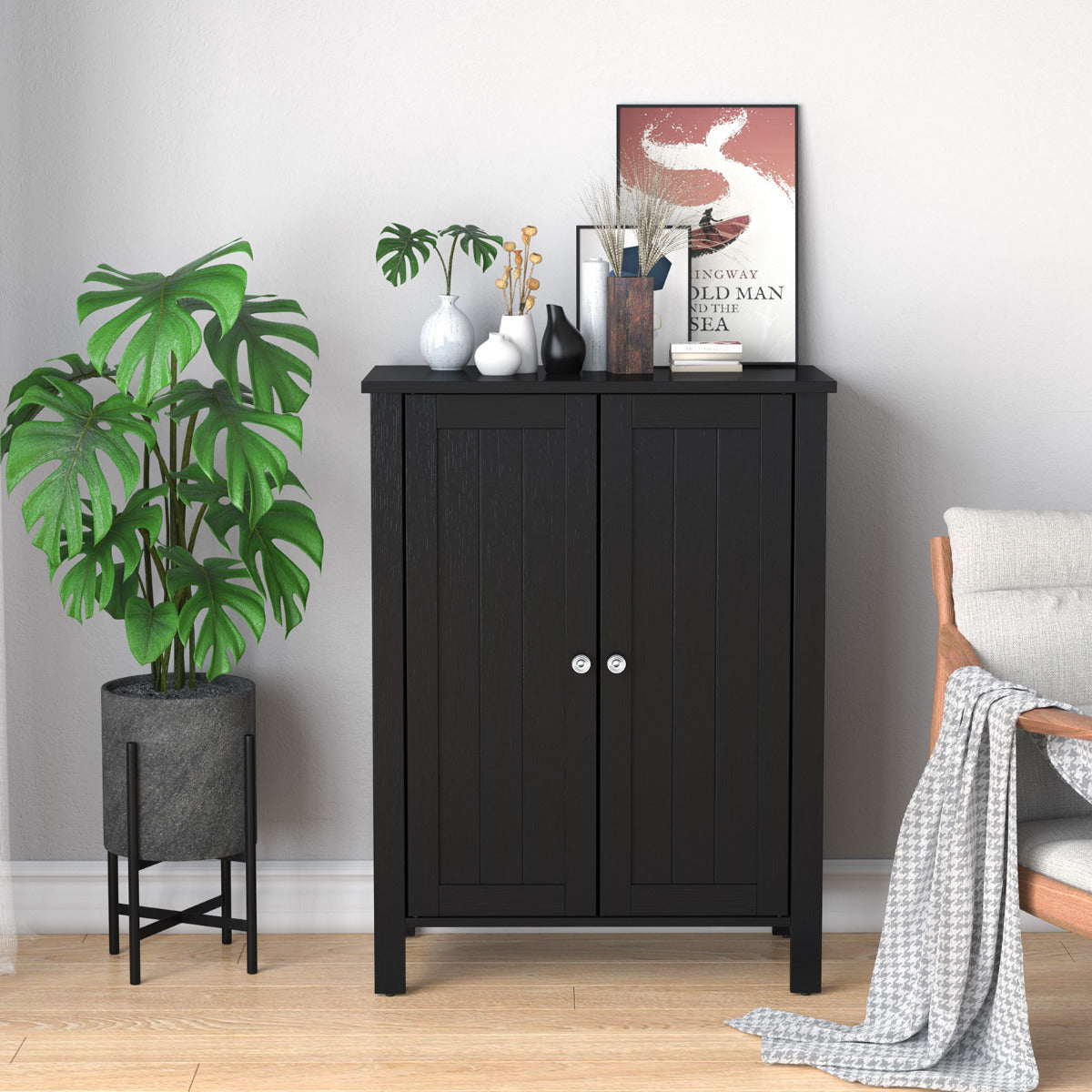 Armario del Baño Organizador Vertical con Doble Puerta y Repisa Regulable Mueble Moderno para Casa 60 x 30 x 80,5 cm Negro