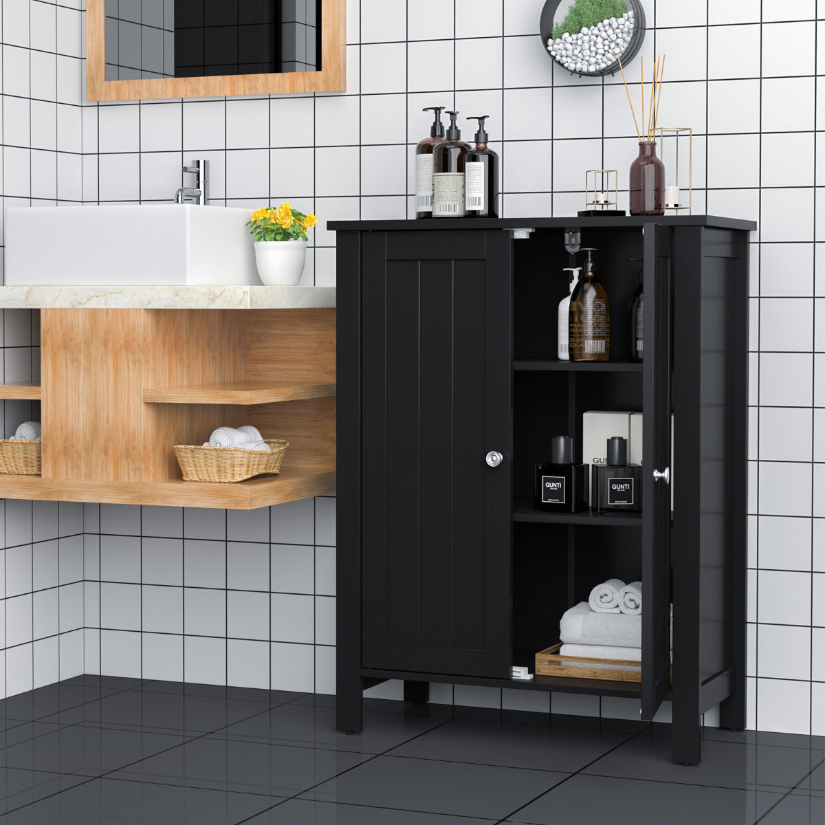Armario del Baño Organizador Vertical con Doble Puerta y Repisa Regulable Mueble Moderno para Casa 60 x 30 x 80,5 cm Negro