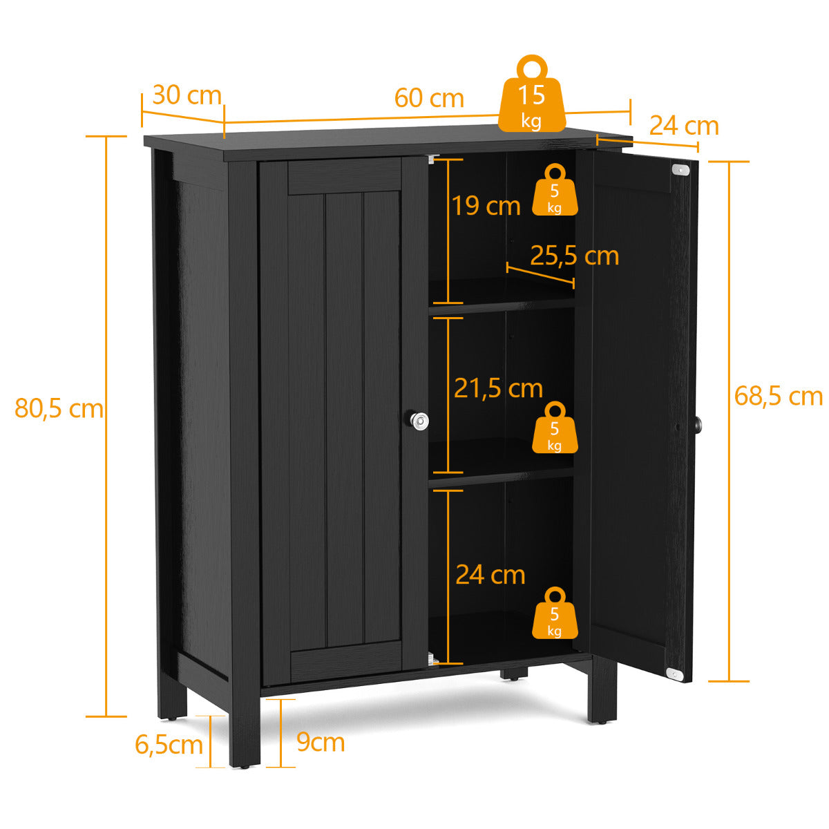 Armario del Baño Organizador Vertical con Doble Puerta y Repisa Regulable Mueble Moderno para Casa 60 x 30 x 80,5 cm Negro