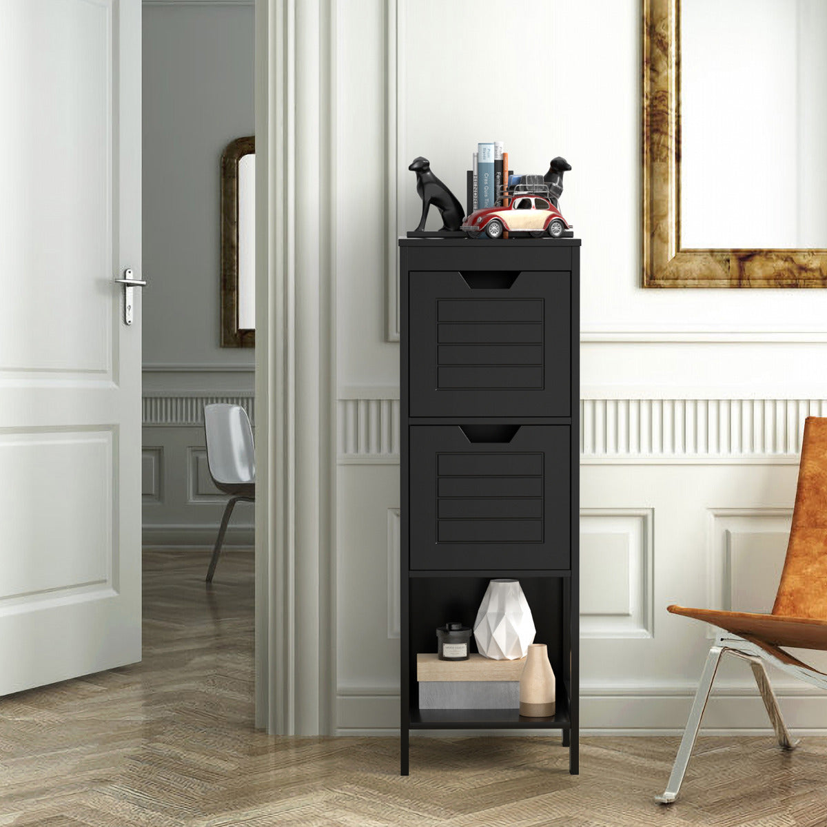 Armario del Baño Estante de Madera Multifuncional con 2 Cajones Mesita Auxiliar para Casa Salón Baño 30 x 30 x 89 cm Negro