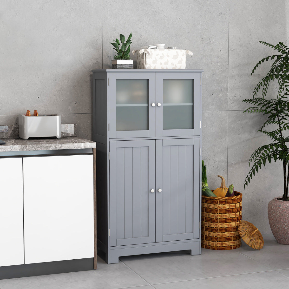 Armario del Baño Organizador Multiuso Antivuelco con 4 Puertas de Vidrio Repisas Regulables para Salón Cocina Pasillo 60 x 30 x 109 cm Gris
