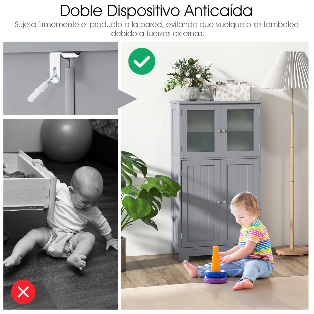 Armario del Baño Organizador Multiuso Antivuelco con 4 Puertas de Vidrio Repisas Regulables para Salón Cocina Pasillo 60 x 30 x 109 cm Gris