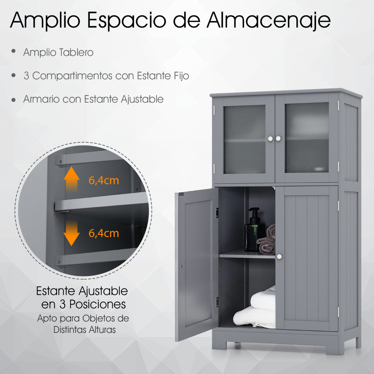 Armario del Baño Organizador Multiuso Antivuelco con 4 Puertas de Vidrio Repisas Regulables para Salón Cocina Pasillo 60 x 30 x 109 cm Gris