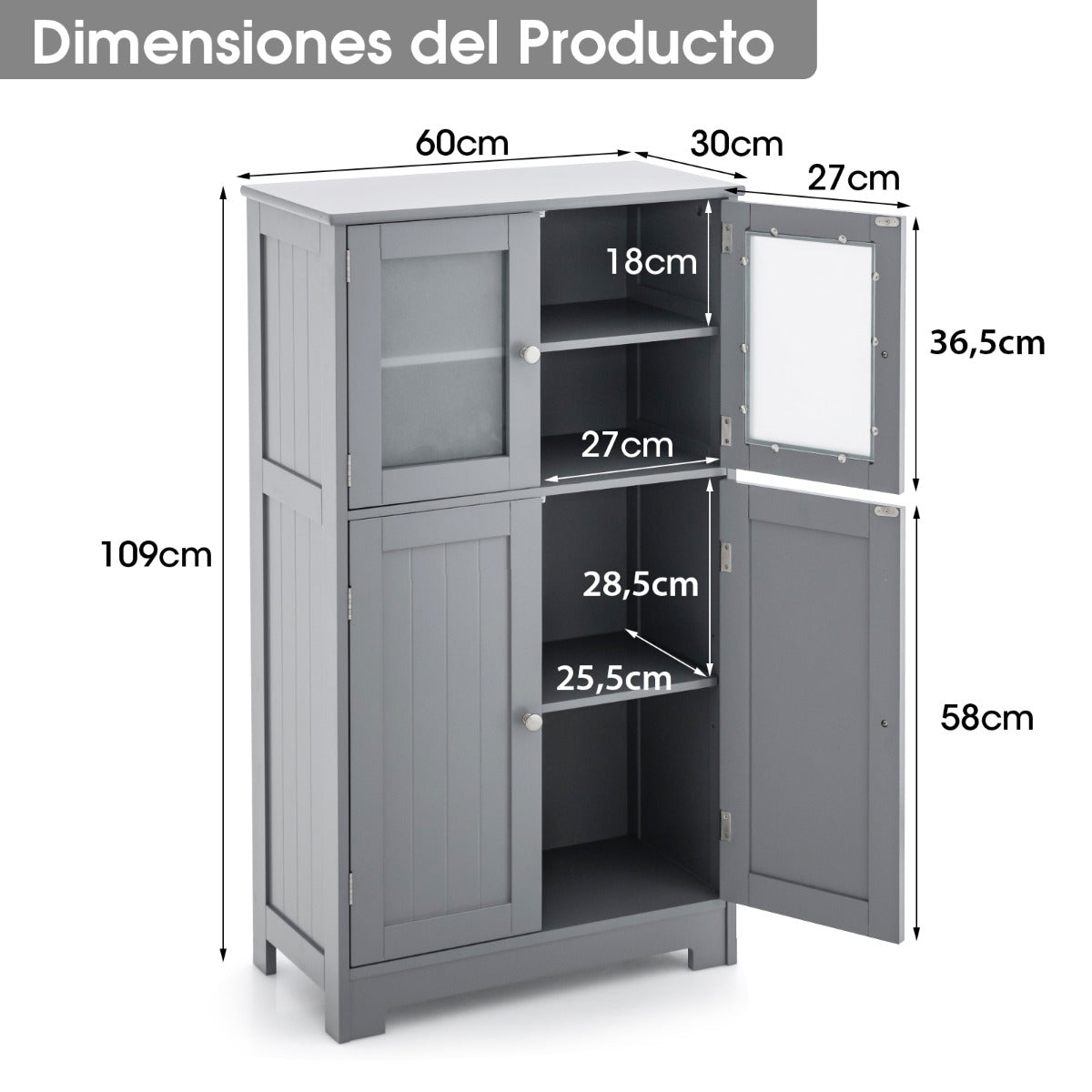 Armario del Baño Organizador Multiuso Antivuelco con 4 Puertas de Vidrio Repisas Regulables para Salón Cocina Pasillo 60 x 30 x 109 cm Gris