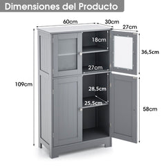 Armario del Baño Organizador Multiuso Antivuelco con 4 Puertas de Vidrio Repisas Regulables para Salón Cocina Pasillo 60 x 30 x 109 cm Gris