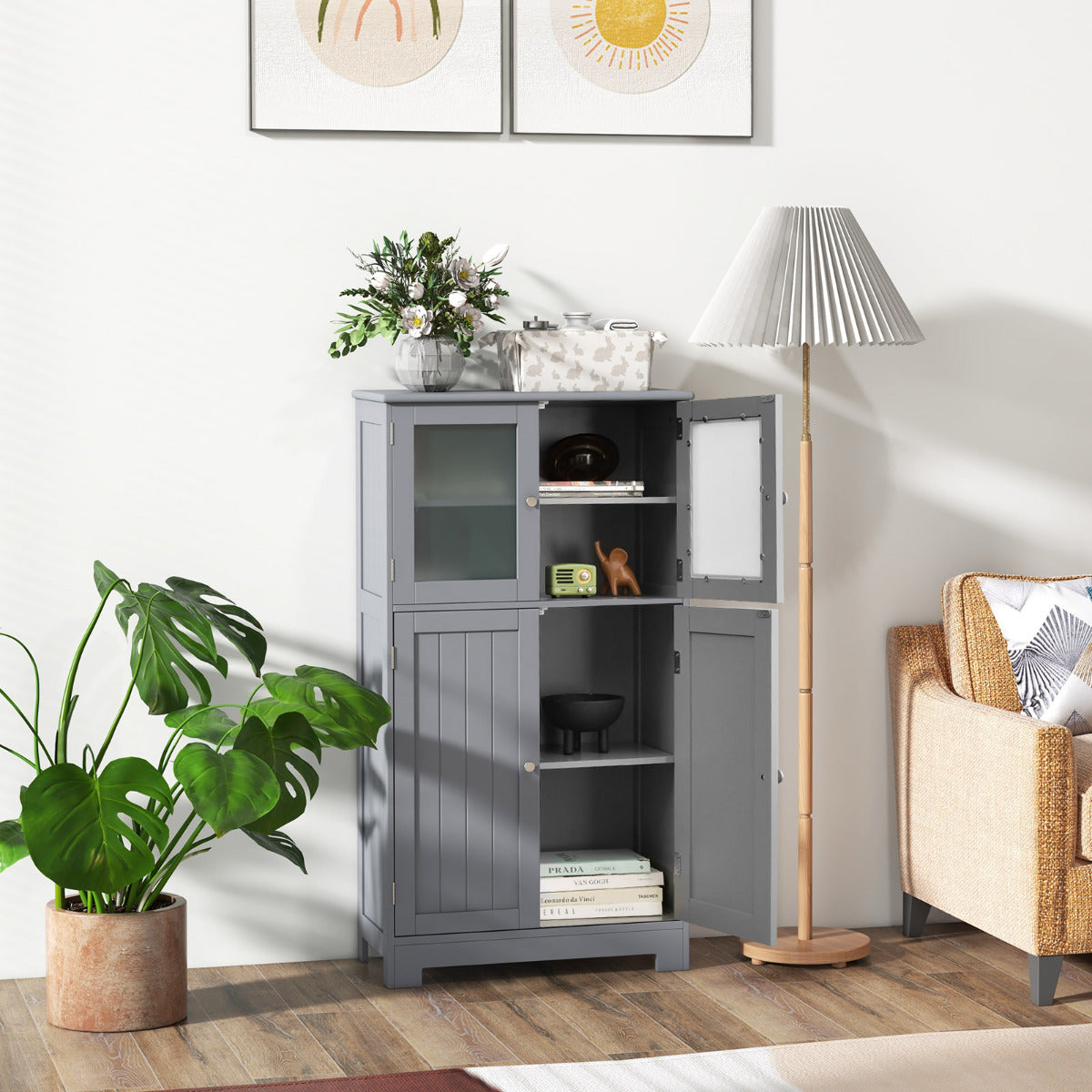 Armario del Baño Organizador Multiuso Antivuelco con 4 Puertas de Vidrio Repisas Regulables para Salón Cocina Pasillo 60 x 30 x 109 cm Gris