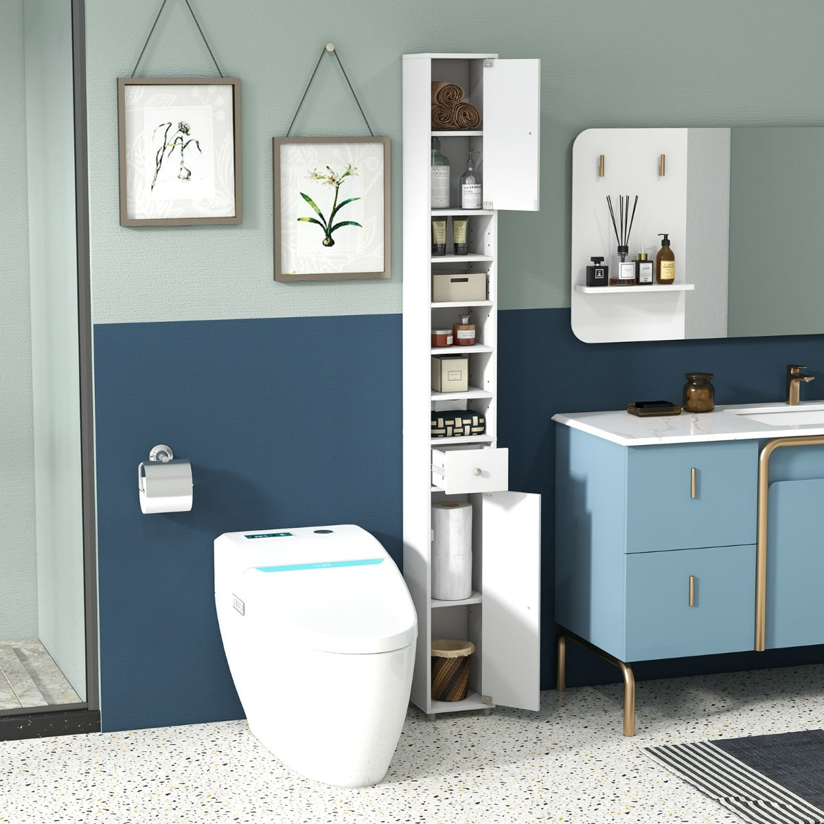 Armario Delgado de Baño Alto con Armario Cajón y 5 Estantes Ajustables 20 x 20 x 180 cm Blanco