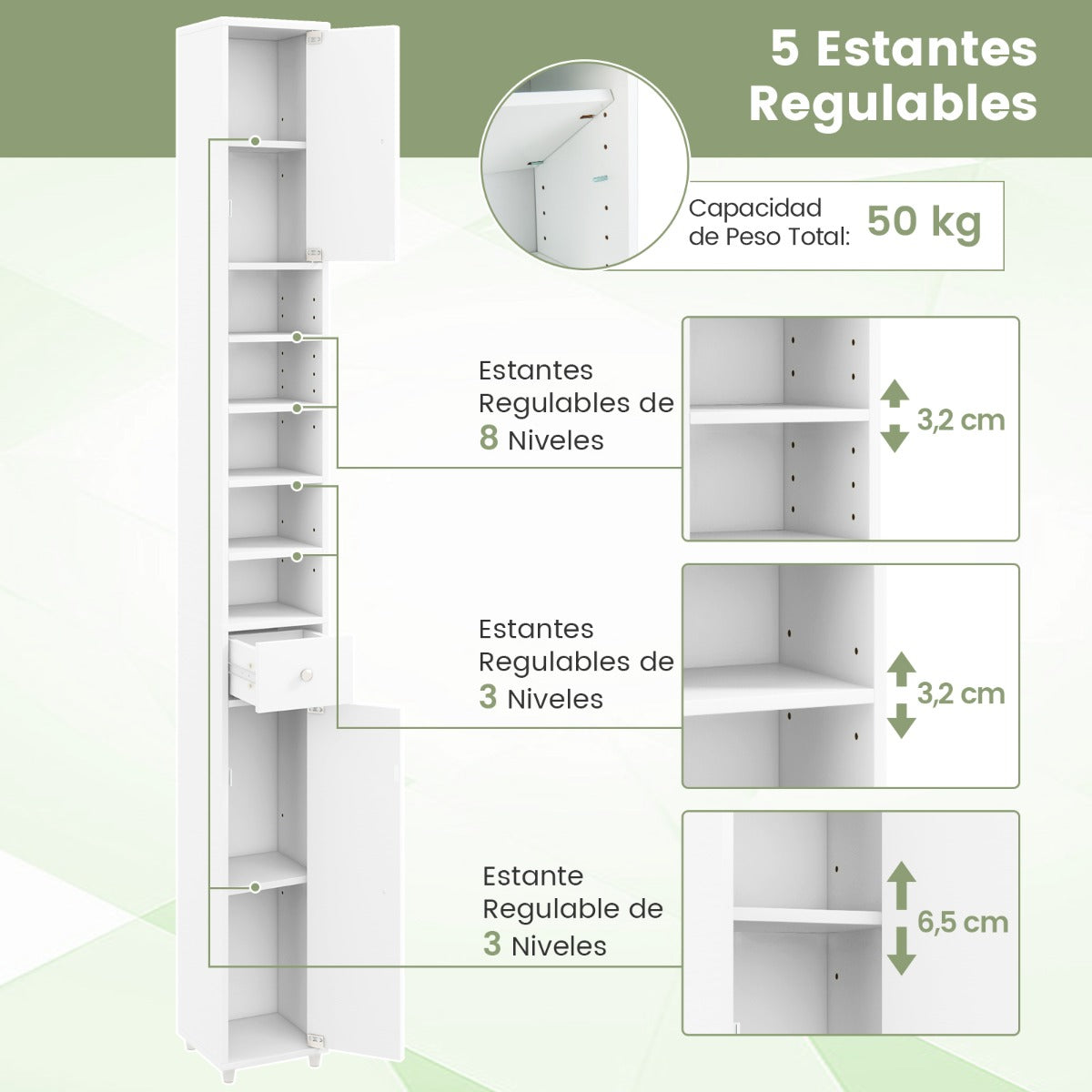 Armario Delgado de Baño Alto con Armario Cajón y 5 Estantes Ajustables 20 x 20 x 180 cm Blanco
