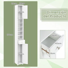Armario Delgado de Baño Alto con Armario Cajón y 5 Estantes Ajustables 20 x 20 x 180 cm Blanco