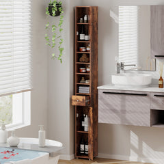 Armario Delgado de Baño Alto con Armario Cajón y 5 Estantes Ajustables 20 x 20 x 180 cm Café