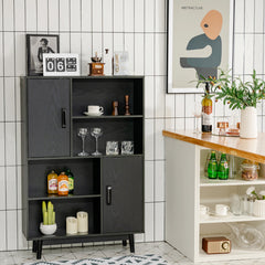 Armario de Madera con 4 Niveles 2 Puertas 4 Repisas Abiertas Antivuelco para Salón Estudio Cocina Negro 80 x 24 x 119,5 cm