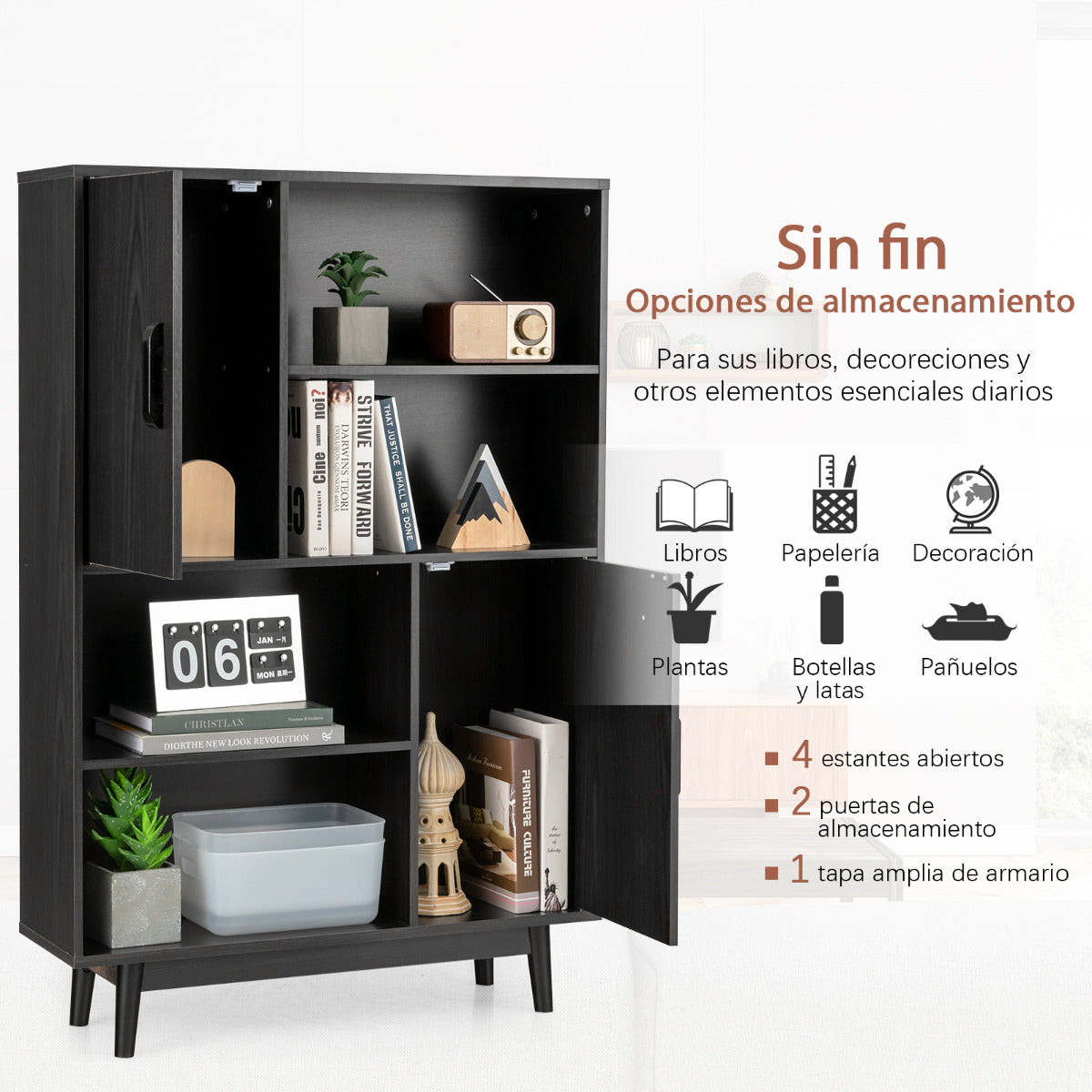 Armario de Madera con 4 Niveles 2 Puertas 4 Repisas Abiertas Antivuelco para Salón Estudio Cocina Negro 80 x 24 x 119,5 cm
