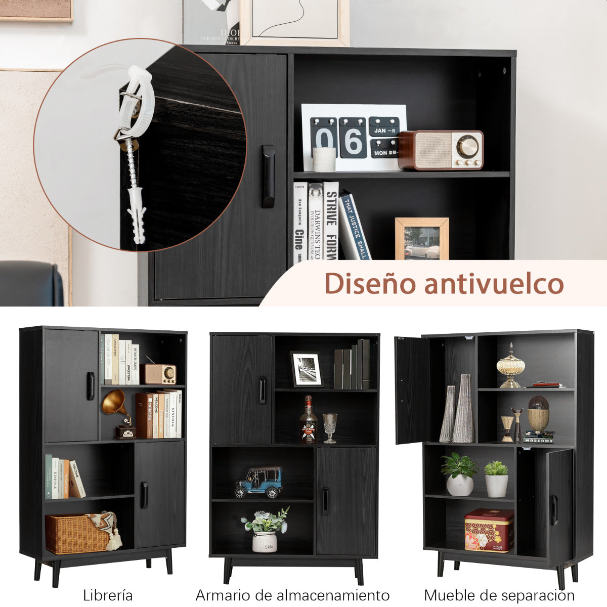 Armario de Madera con 4 Niveles 2 Puertas 4 Repisas Abiertas Antivuelco para Salón Estudio Cocina Negro 80 x 24 x 119,5 cm