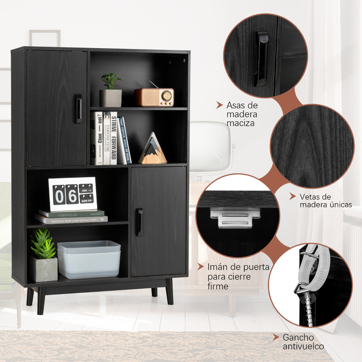 Armario de Madera con 4 Niveles 2 Puertas 4 Repisas Abiertas Antivuelco para Salón Estudio Cocina Negro 80 x 24 x 119,5 cm
