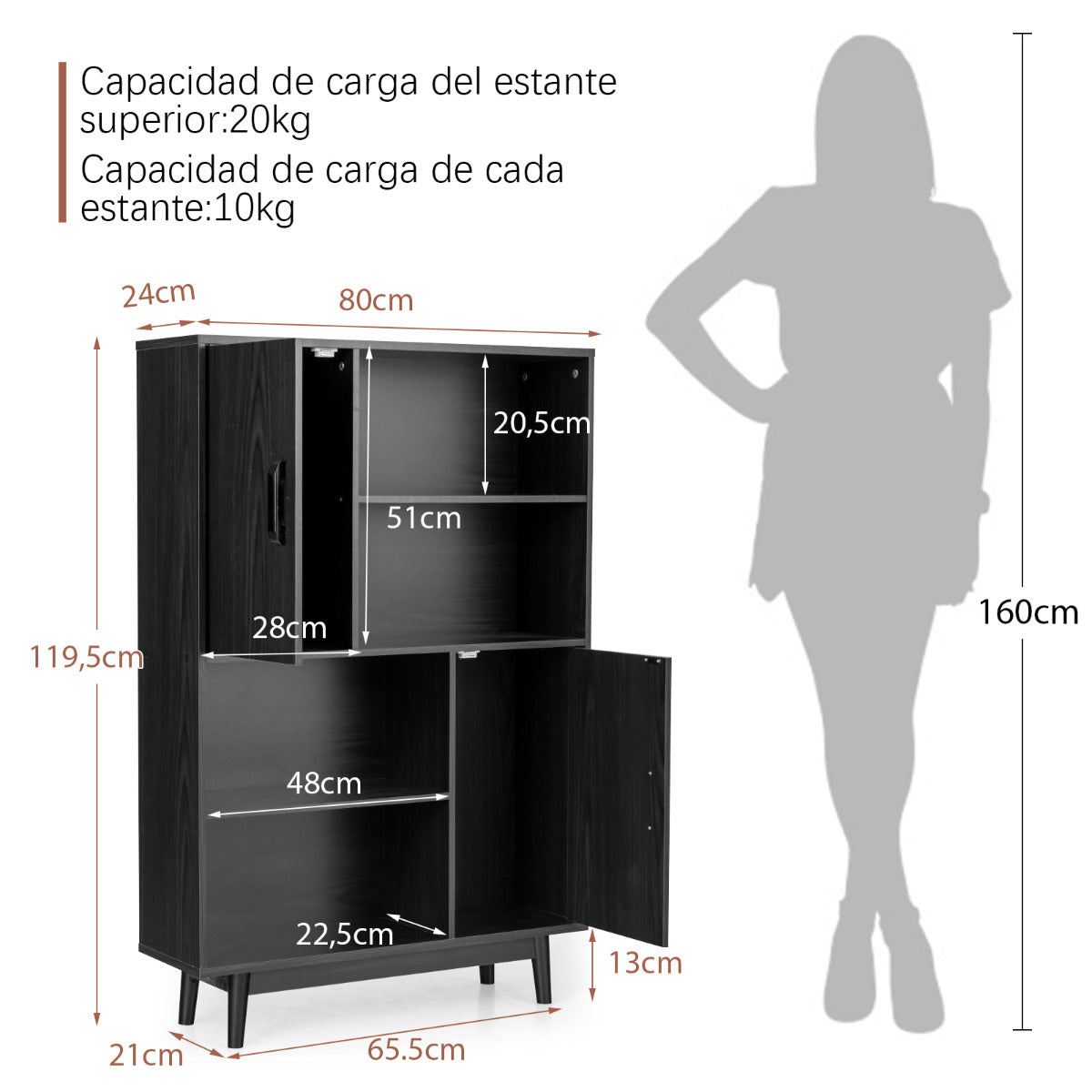 Armario de Madera con 4 Niveles 2 Puertas 4 Repisas Abiertas Antivuelco para Salón Estudio Cocina Negro 80 x 24 x 119,5 cm