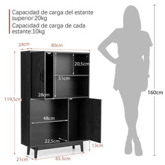 Armario de Madera con 4 Niveles 2 Puertas 4 Repisas Abiertas Antivuelco para Salón Estudio Cocina Negro 80 x 24 x 119,5 cm