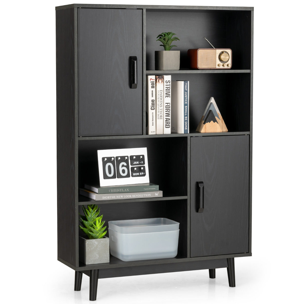 Armario de Madera con 4 Niveles 2 Puertas 4 Repisas Abiertas Antivuelco para Salón Estudio Cocina Negro 80 x 24 x 119,5 cm