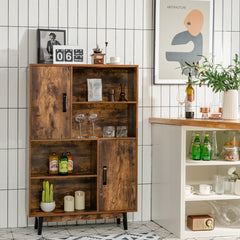 Armario de Madera con 4 Niveles 2 Puertas 4 Repisas Abiertas Antivuelco para Salón Estudio Cocina Café 80 x 24 x 119,5 cm