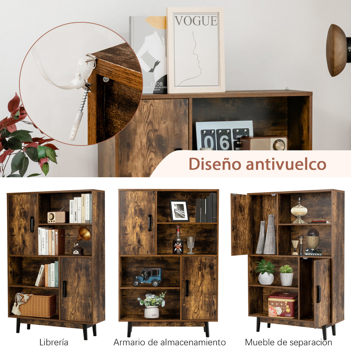 Armario de Madera con 4 Niveles 2 Puertas 4 Repisas Abiertas Antivuelco para Salón Estudio Cocina Café 80 x 24 x 119,5 cm