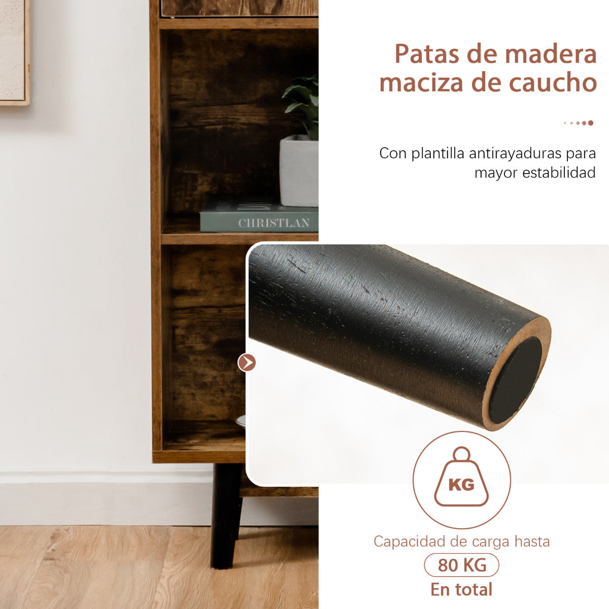 Armario de Madera con 4 Niveles 2 Puertas 4 Repisas Abiertas Antivuelco para Salón Estudio Cocina Café 80 x 24 x 119,5 cm