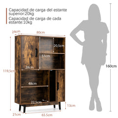 Armario de Madera con 4 Niveles 2 Puertas 4 Repisas Abiertas Antivuelco para Salón Estudio Cocina Café 80 x 24 x 119,5 cm