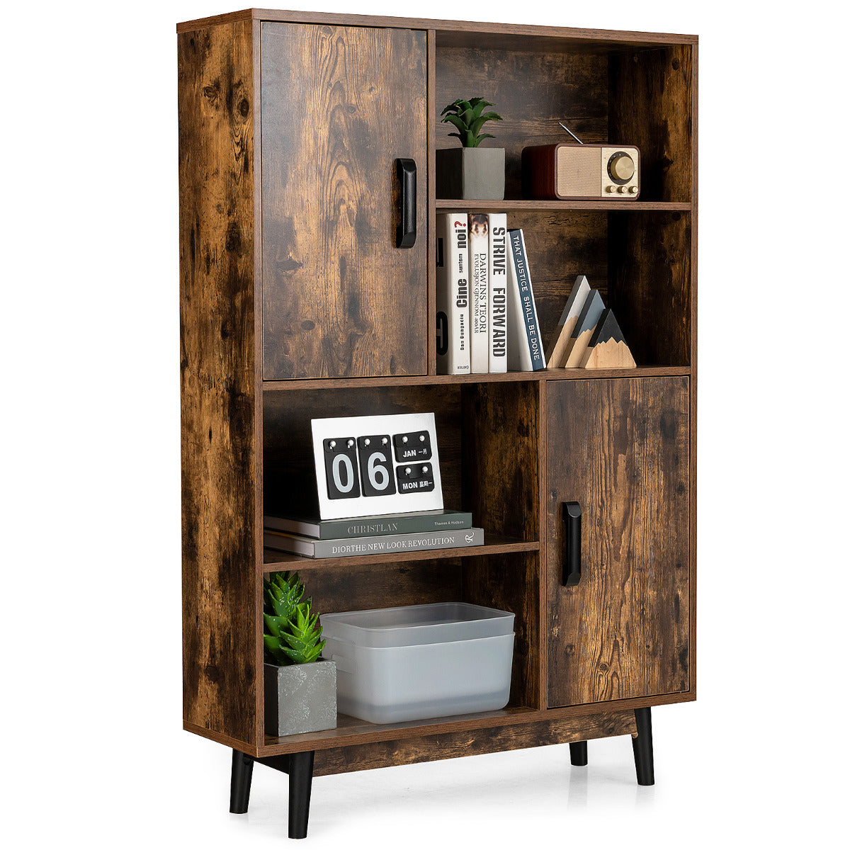 Armario de Madera con 4 Niveles 2 Puertas 4 Repisas Abiertas Antivuelco para Salón Estudio Cocina Café 80 x 24 x 119,5 cm