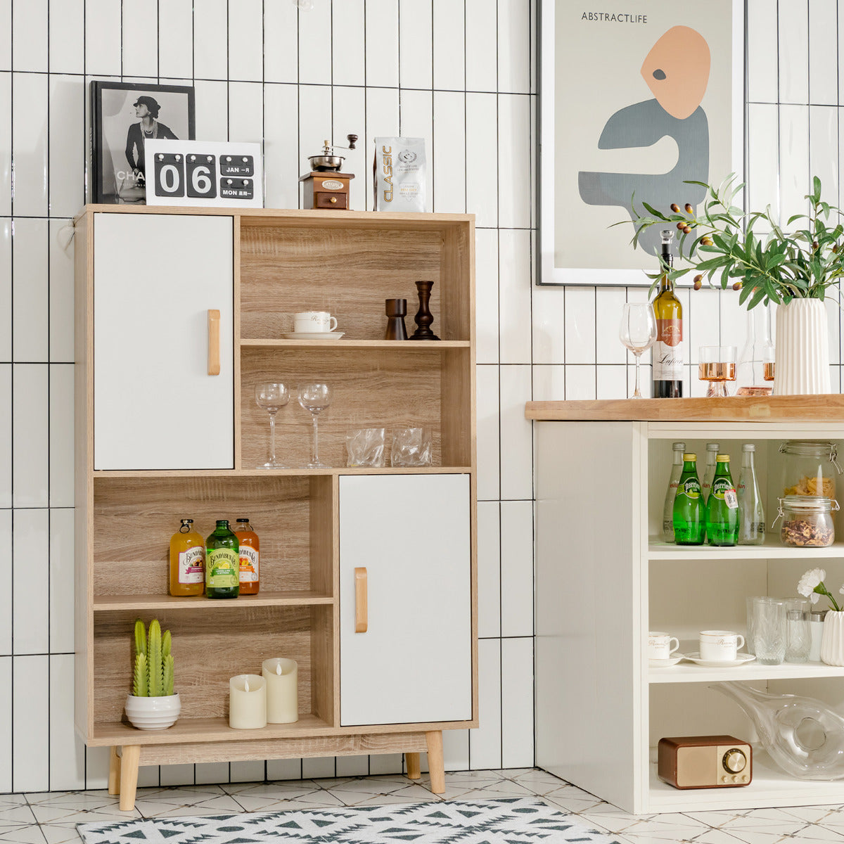 Armario de Madera con 4 Niveles 2 Puertas 4 Repisas Abiertas Antivuelco para Salón Estudio Cocina Blanco 80 x 24 x 119,5 cm