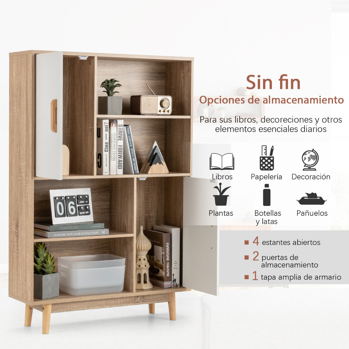 Armario de Madera con 4 Niveles 2 Puertas 4 Repisas Abiertas Antivuelco para Salón Estudio Cocina Blanco 80 x 24 x 119,5 cm