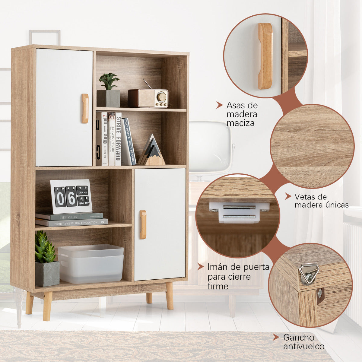 Armario de Madera con 4 Niveles 2 Puertas 4 Repisas Abiertas Antivuelco para Salón Estudio Cocina Blanco 80 x 24 x 119,5 cm